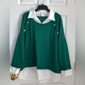 French Laundry Women's Sweatshirt Collared Neck White/Green Plus Size 2X NWOUT